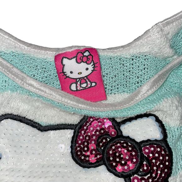 Hello Kitty Girls Kids Size 6 Sweater Pullover Blue White Stripe Sequin Pink Bow - Picture 4 of 12